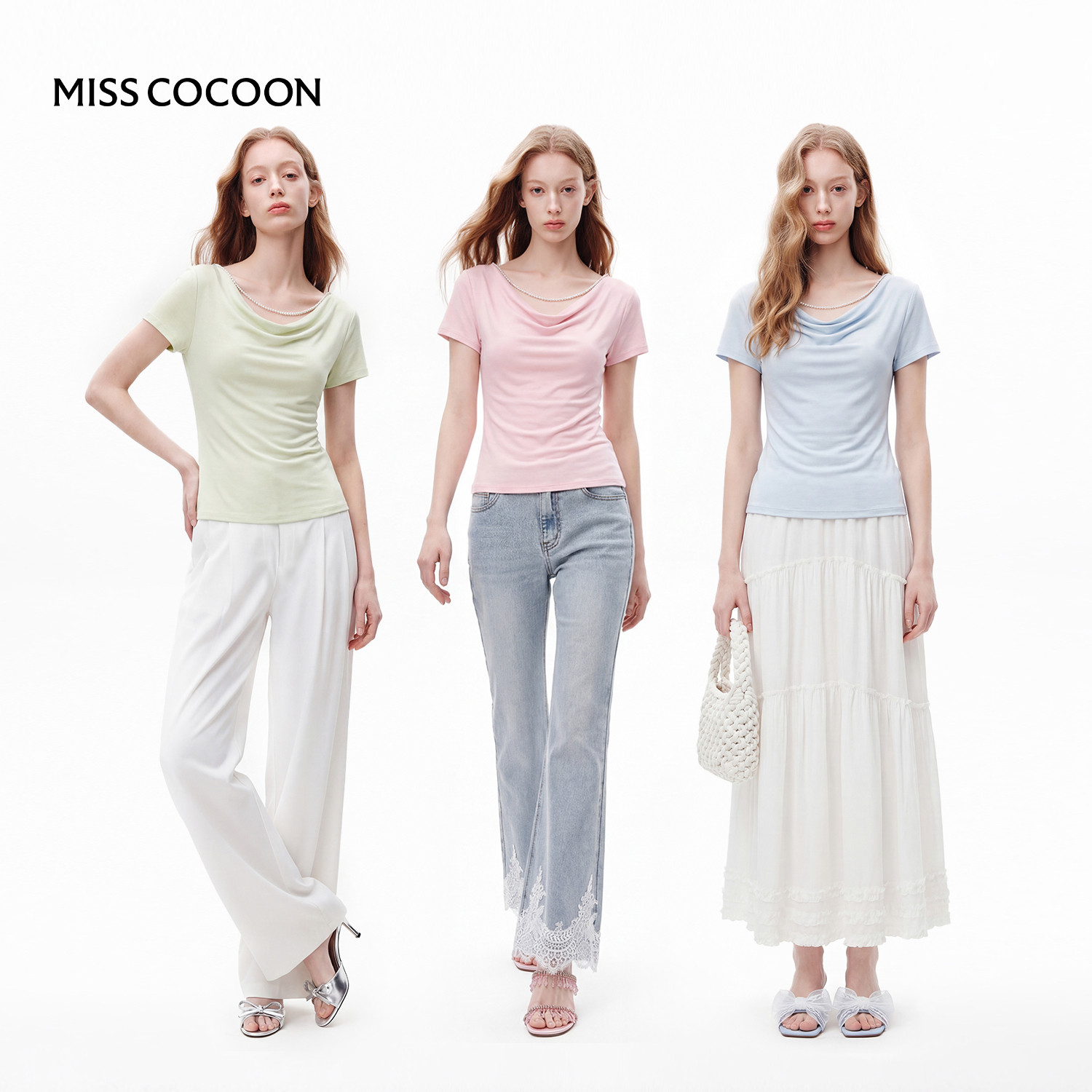 【七七酱专享】MISSCOCOON可可尼显瘦短袖时尚蓝色蕾丝拼接T恤