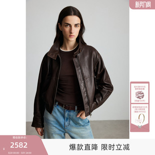 MISSCOCOON可可尼C3系列深棕色羊皮美式 立领显瘦气质短夹克外套女