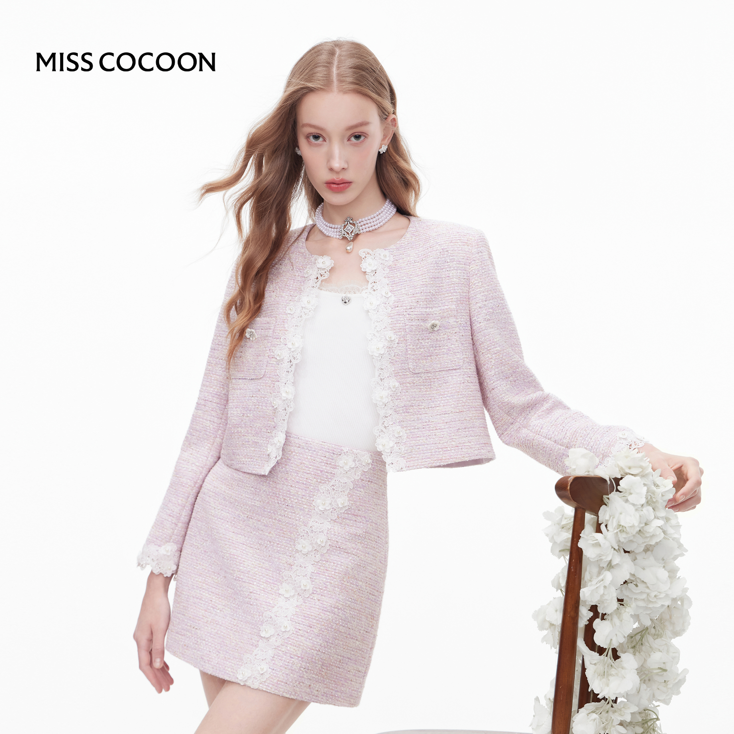 【预售免双倍定金】MISSCOCOON可可尼紫色半身裙套装女千金短外套
