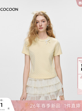 MISSCOCOON可可尼正肩短款黄色上衣女2026春新款简约波点棉质T恤