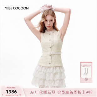 MISSCOCOON可可尼蕾丝拼接无袖裙子女26早秋新款小香风黄色连衣裙