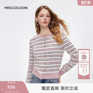 外套 条纹绵羊毛开衫 MISSCOCOON可可尼圆领针织衫 女2025秋冬新款