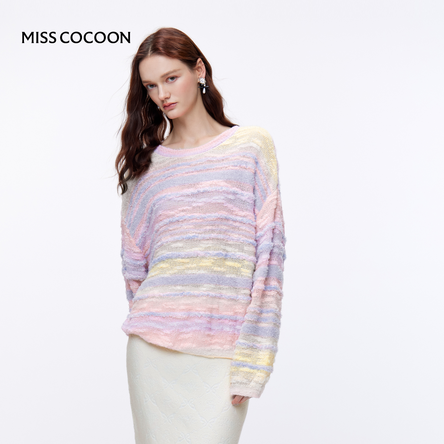 MISSCOCOON可可尼条纹针织衫女2025秋冬新款圆领长袖彩虹渐变毛衣