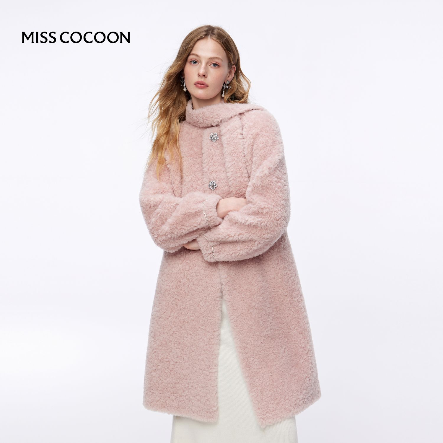 MISSCOCOON可可尼系带毛绒大衣女2025秋冬新款温柔风粉色皮草外套