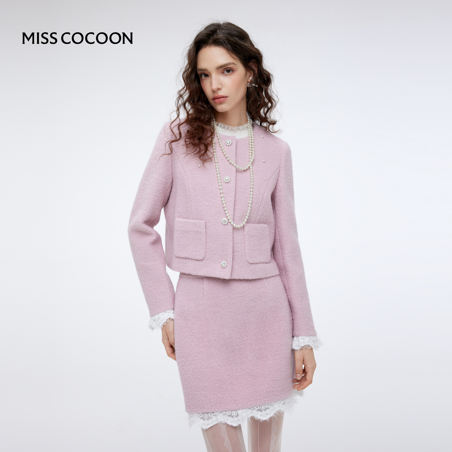 MISSCOCOON可可尼毛呢短裙女2025冬季新款绵羊毛小香风外套套装