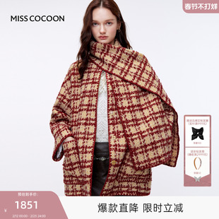 MISSCOCOON可可尼复古短外套女2025秋冬新款新年红格纹绵羊毛大衣