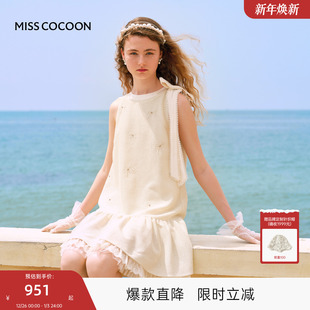 可可尼cocoon小香风连衣裙女2025秋季 蝴蝶结刺绣蕾丝花边裙子 新款
