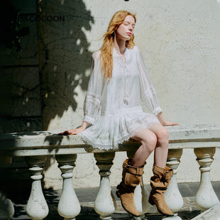 张馨予同款可可尼V领长袖白色裙子女26春新款清新莱赛尔连衣裙