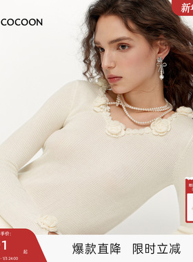 MISSCOCOON可可尼V领打底女2025秋冬新款温柔风钩花绵羊毛针织衫