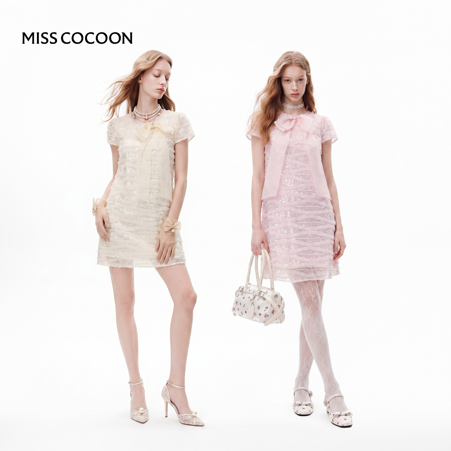 【七七酱专享】MISSCOCOON可可尼亮片蕾丝A摆短裙蝴蝶结连衣裙