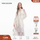 荷叶边宽松V领连衣裙 新款 MISSCOCOON可可尼长袖 印花裙子2025秋季