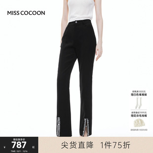 黑色裤 可可尼cocoon微喇开叉休闲裤 钻带女裤 时尚 子 女2025夏新款