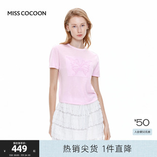 蝴蝶结女士上衣 可可尼cocoon欧根纱短袖 针织T恤2025夏季 新款 时尚