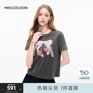 減齡蝴蝶結短袖 T恤 新款 MISSCOCOON可可尼黑色休閑上衣女2025夏季