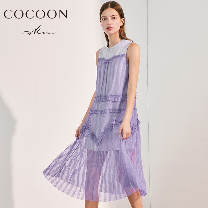 前】miss COCOON2018夏裝新品優雅無袖圓領拼接網紗內襯連衣裙