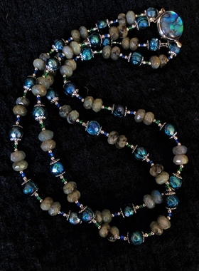 《新光》淡水黑色华珍珠天然闪光石刻面珠鲍鱼贝壳扣双层复古项链