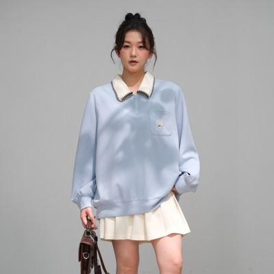 秋季学院套装蓝色刺绣卫衣小翻领显瘦胖MM白色裙子百搭L3922 5939