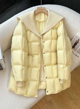 above deck针织翻领羽绒服女中长款韩版宽松高端原版90白鸭绒外套