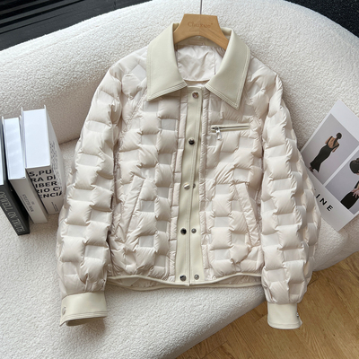 above deck压胶羽绒服女短款轻薄新直充PU皮领拼接翻领单排扣外套