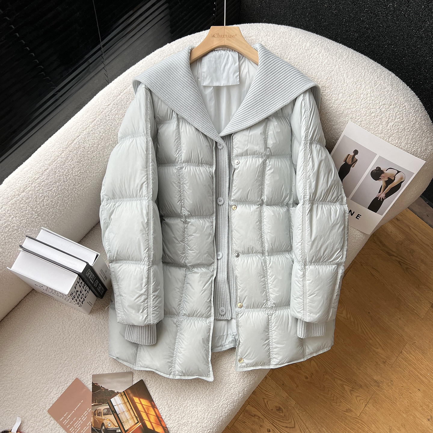 above deck针织翻领羽绒服女中长款韩版宽松高端原版90白鸭绒外套