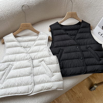 above deck高品质鹅绒马甲女短款V领内胆百搭显瘦薄款羽绒背心