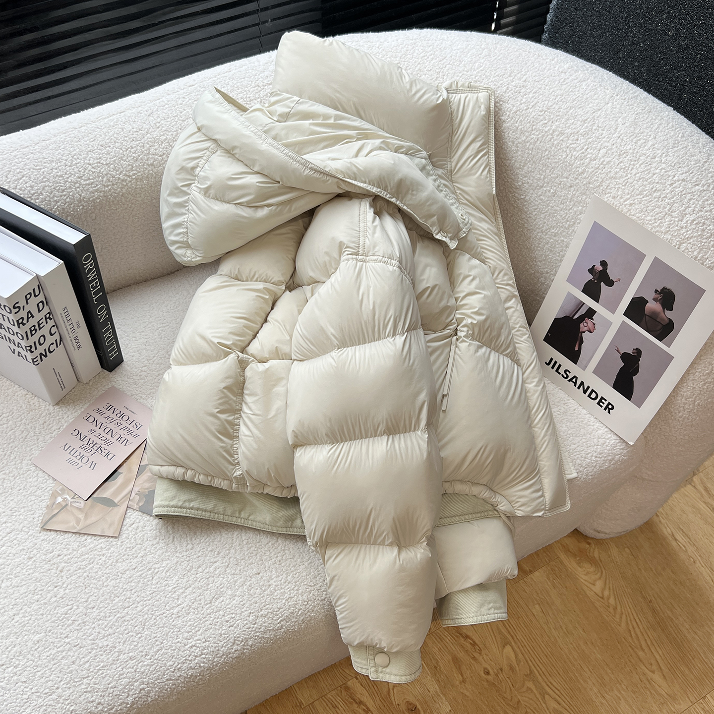 above deck牛仔拼接羽绒服女短款加厚保暖泡芙感脱卸帽2025冬新款