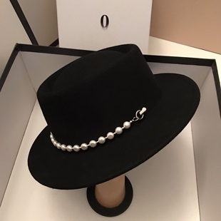 法式25秋冬礼帽女百搭时尚黑色羊毛呢平沿礼帽英伦复古平顶帽子潮