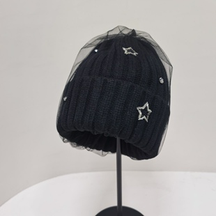 日韩网纱毛线帽保暖百搭可爱洋气卡其黑色针织帽设计师女冬季冷帽