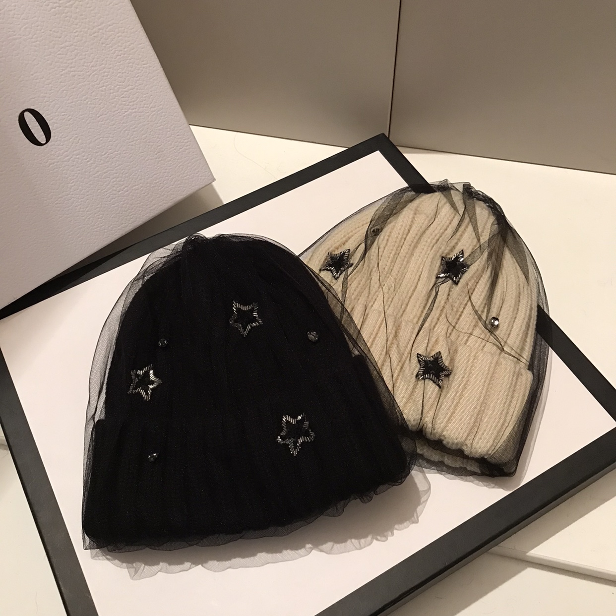 帽子女百搭秋冬毛线帽星星水钻网纱针织帽时尚韩版保暖加厚护耳帽