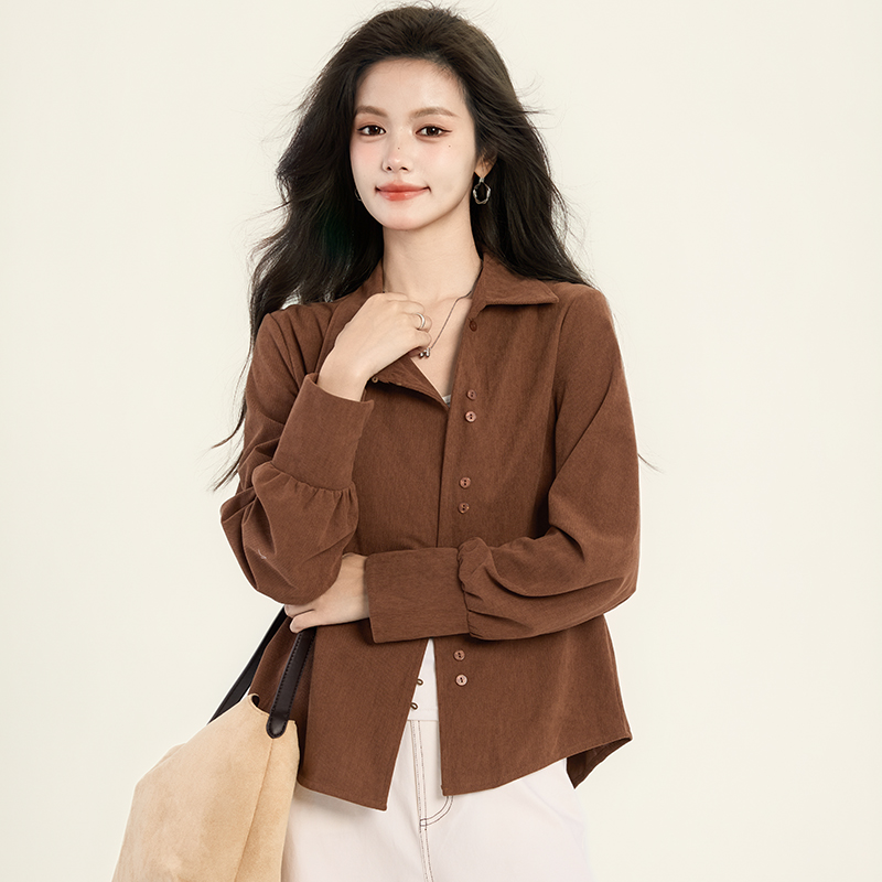 长袖衬衫女2025秋季新款设计感上衣复古灯芯绒不规则百搭款