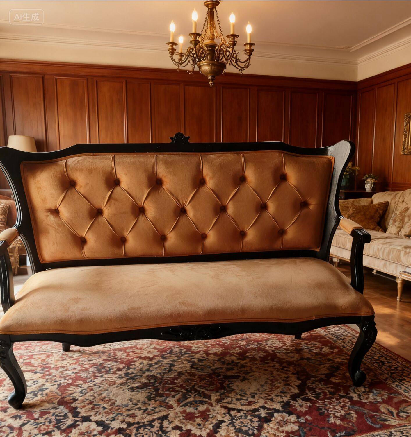 欧式复古实木贵妃椅深色实木雕花框架搭配米白色花纹沙发椅美式椅