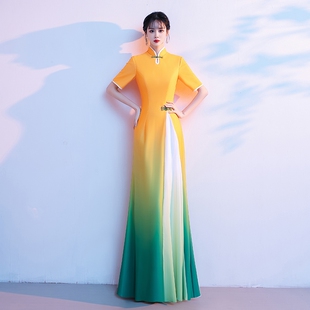 中式旗袍大合唱团演出服女长裙古筝独奏中老年礼仪迎宾走秀晚礼服
