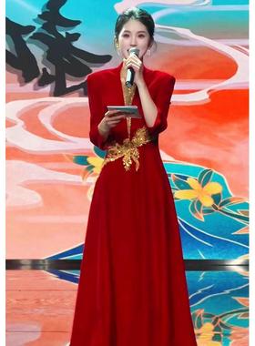 大合唱团演出服女长裙2025新款主持人礼服正式场合红色司仪晚礼服