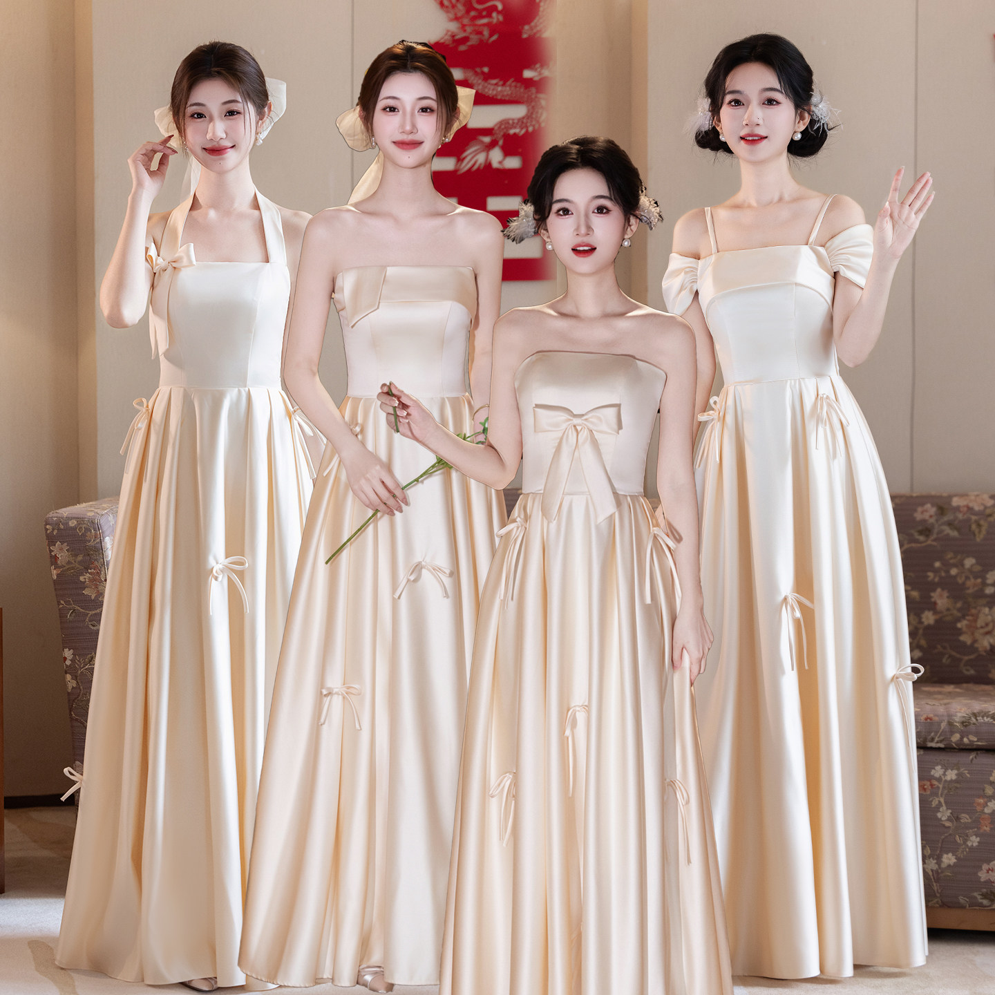 香槟色缎面无袖绑带伴娘礼服裙图片