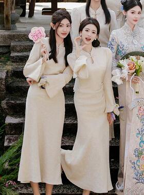 伴娘服2026新款中式旗袍裙姐妹团高级感礼服女平时可穿长袖秋冬季
