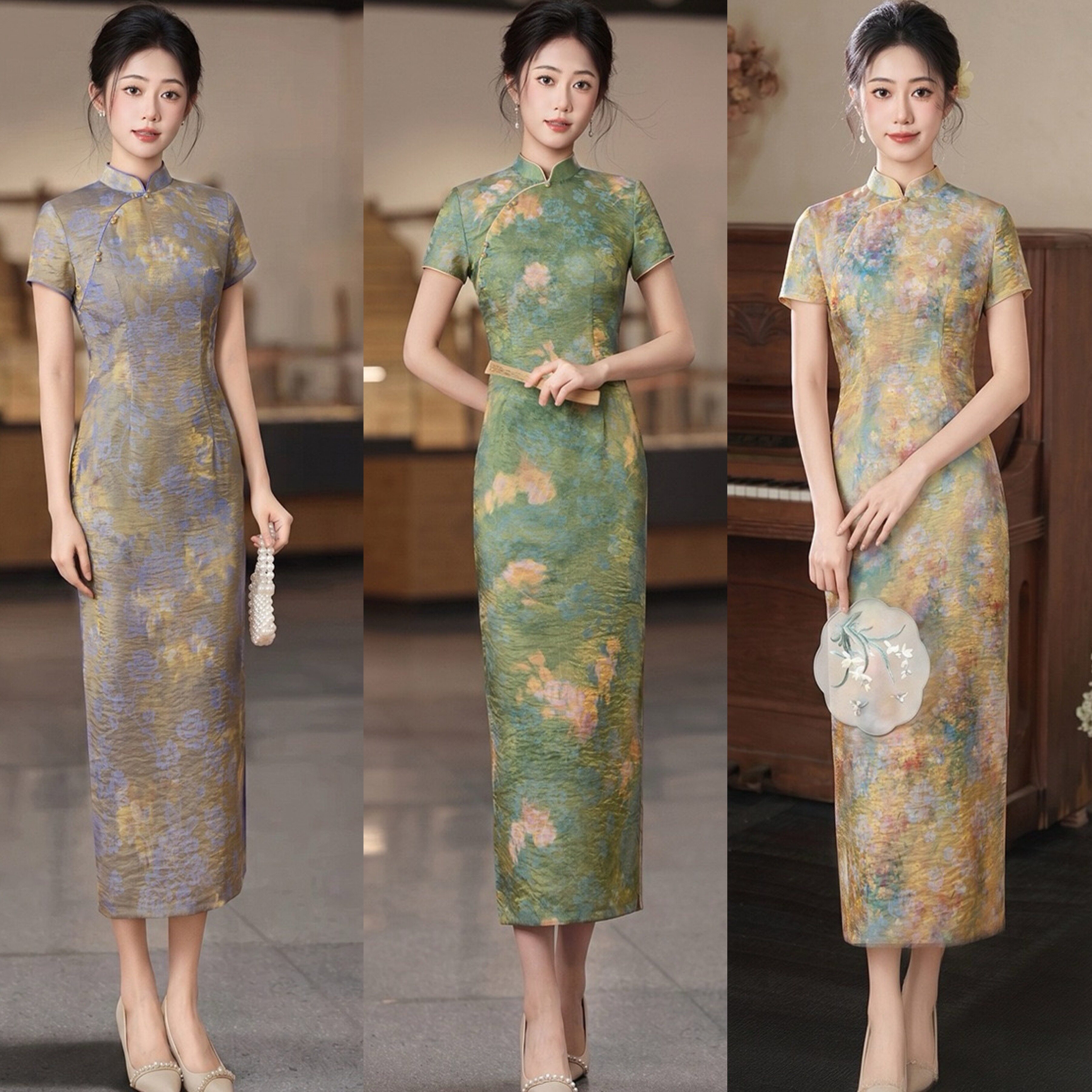 老上海旗袍女大码妈妈新款国风长款高端大气上档次复古连衣裙绿色图片