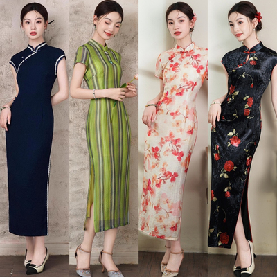 黑色显瘦短袖国风新中式长款改良旗袍2025新款女复古老上海春夏季