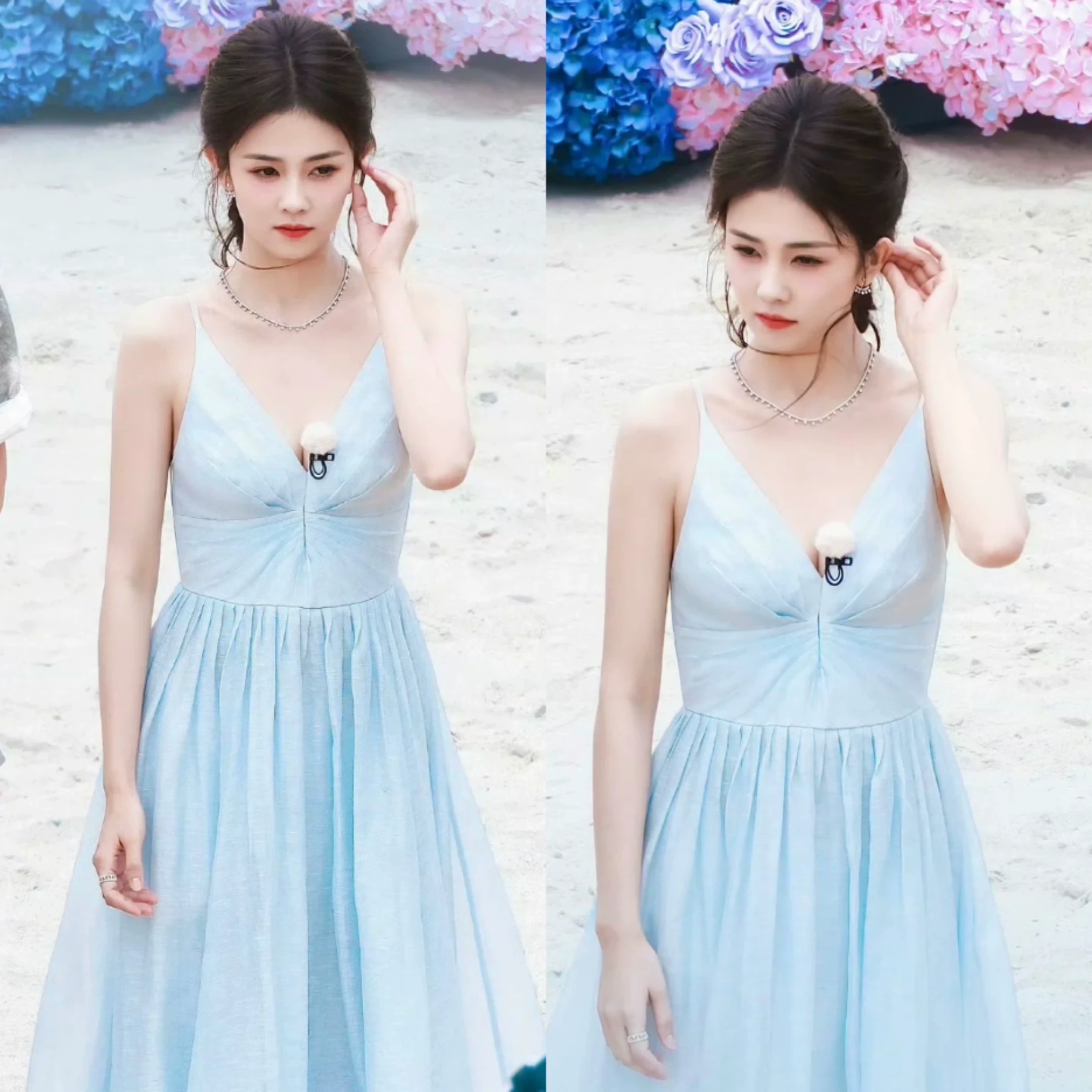 白鹿同款浅蓝色V领吊带连衣裙