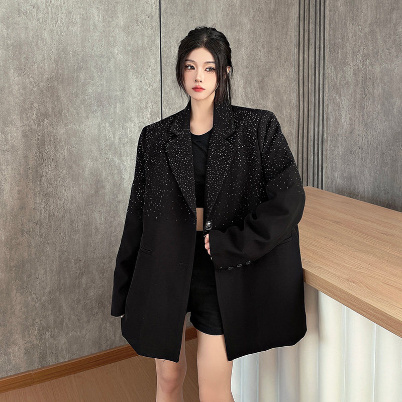 法式重工设计感烫钻黑色西装外套
