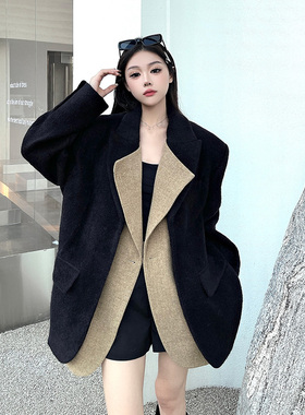 法式重工黑色加厚毛呢西装外套轻奢拼接撞色高级感宽松呢子大衣女