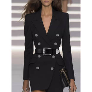 法式 外套轻奢气质OL职业通勤收腰西服裙 重工黑色高级感垫肩西装