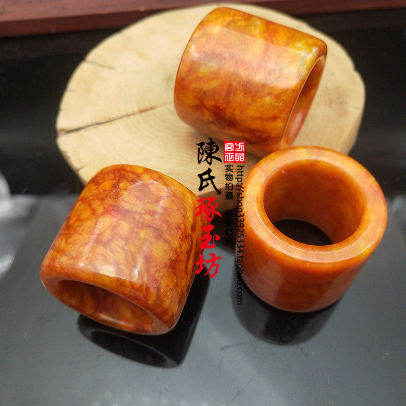 雪花玉飘花扳指仿古玉指环男士大气扳指戒环玉环金黄色飘花玉环