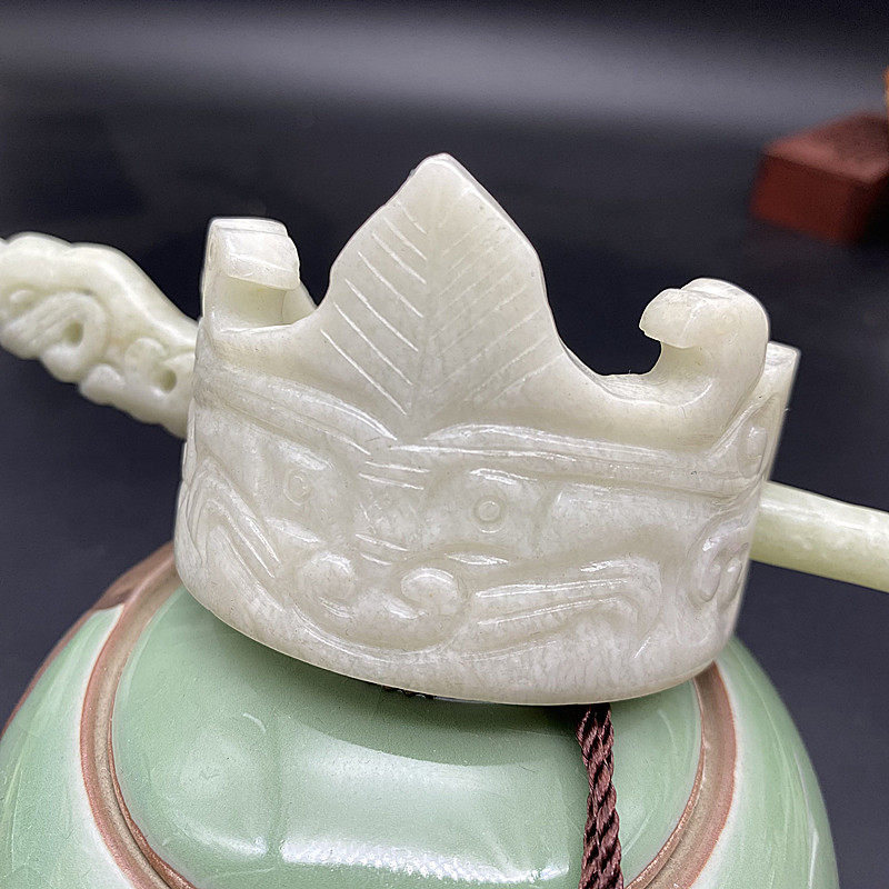 岫玉糯白发冠头饰发饰兽面纹帽冠玉冠古风汉服盘头束发玉簪子玉冠