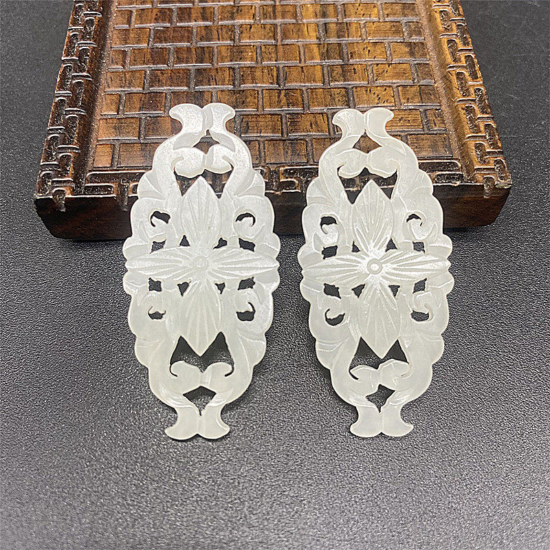 和田玉镂空花开富贵吊坠挂件花朵花片对佩青白玉耳坠玉佩DIY饰品