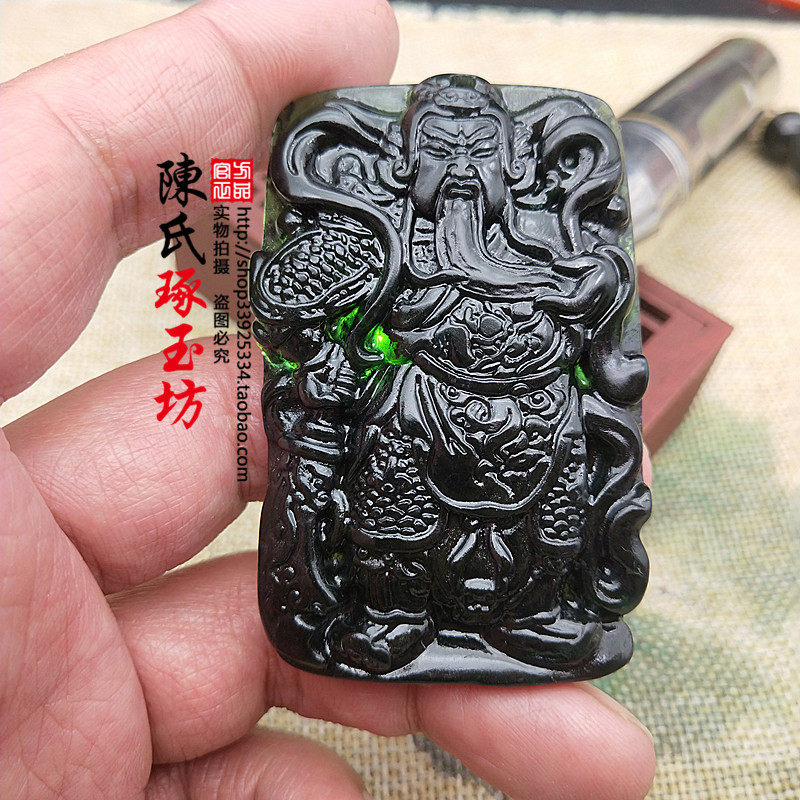 墨绿玉关公玉吊坠男款霸气关羽关二爷颈饰玉佩挂件挂饰蛇纹玉玉坠