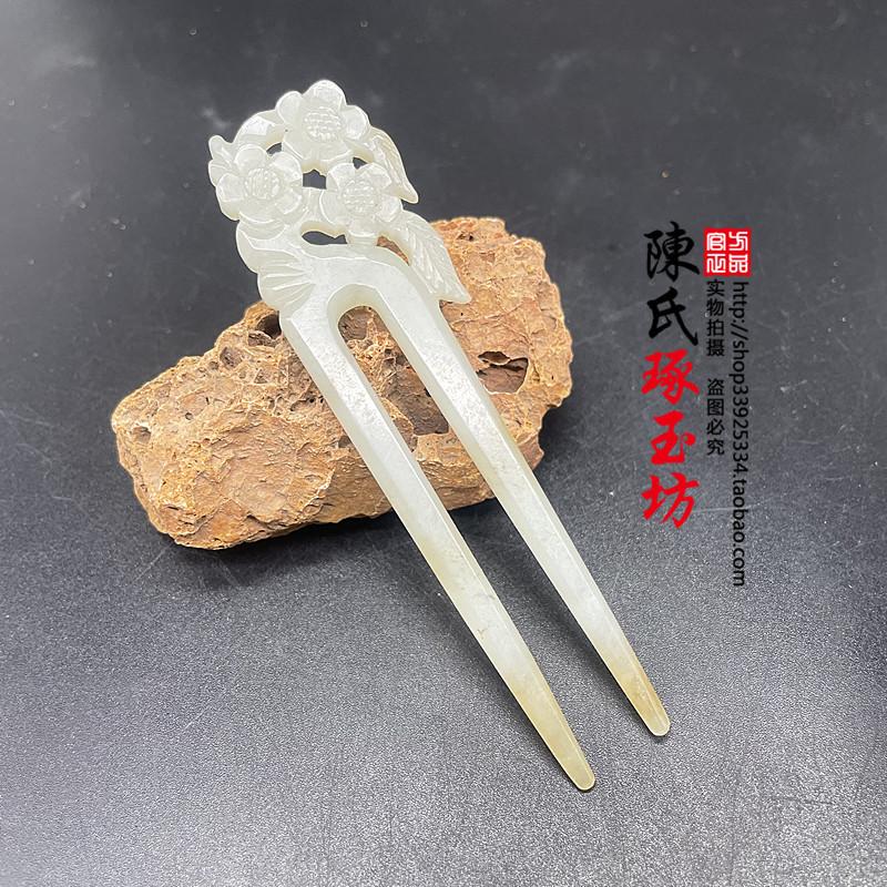 和田玉青白玉新款喜上眉梢复古步摇手工雕刻双插汉服双簪梅花簪子