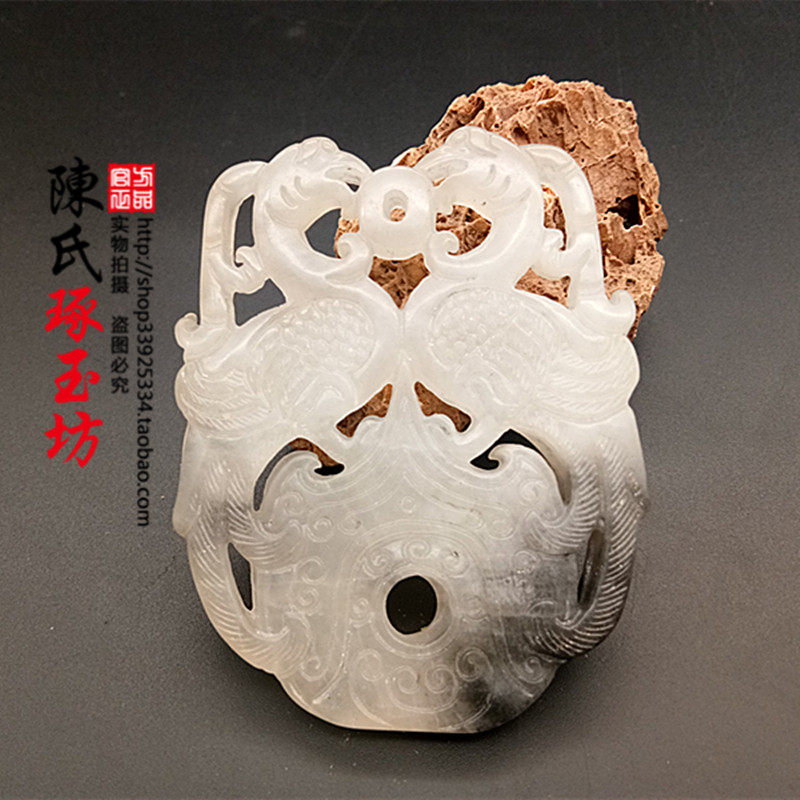 岫玉水墨飘花仙鹤献瑞玉佩玉璧挂件玉石玉器古玩收藏杂件玉坠子