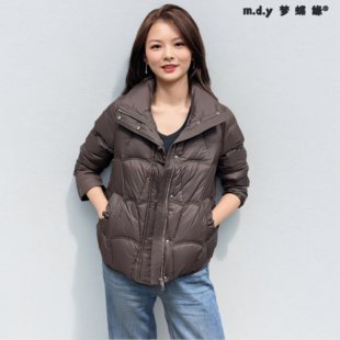 妈妈冬装90白鸭绒m.d.y梦蝶缘时尚中年梯型格褐色短款羽绒服