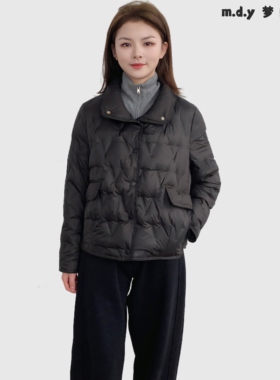 妈妈冬装90白鸭绒m.d.y梦蝶缘正品菱形格时尚中年黑色短款羽绒服