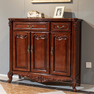 欧式全实木鞋柜美式复古高端别墅门口雕花三门双开门隔断烤漆鞋柜